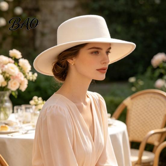 Luxury Aesthetic Head Accessory Flat Top Fedora Hat, Wool Blend Derby Cap, Retro Jazz Chic Vacation Travel Hat Wide Brim Felt for Women, Events