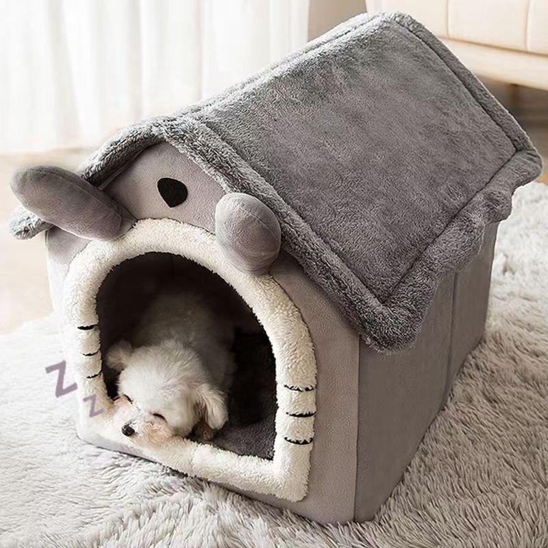 House Cat & Small Dog Winter Teddy House with Detachable, Washable Pet Mat - Warm Four Seasons Enclosed Bed