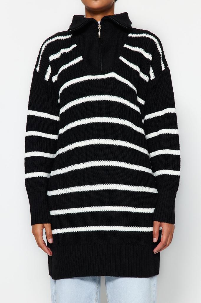 Женский модный стильный хиджаб-свитер, черный, в полоску, с воротником, на молнии, вязаный свитер