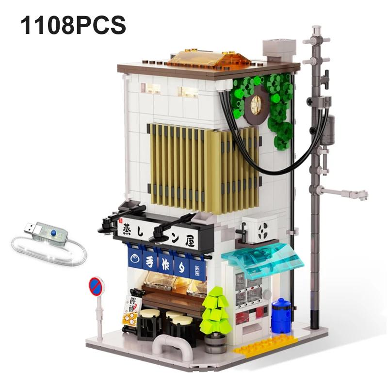 Японский Street View Bricks Shop LED Японский паровой домик с булочкой Архитектура Строительные блокиИгрушки