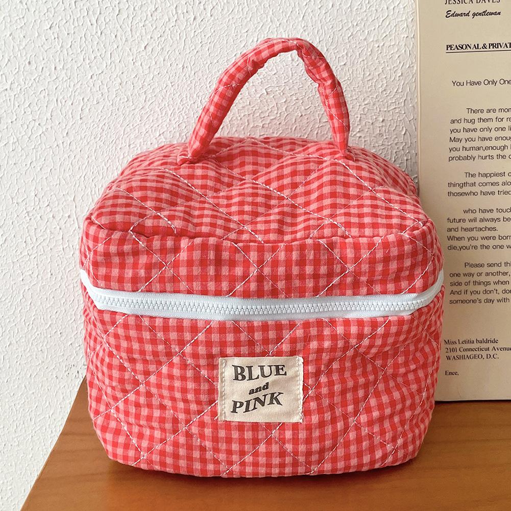 Women Checkered Makeup Bag Fashion Sweet Cotton Makeup Brushes Storage Bag Soft Fabric Organizer Pouch Cute Travel Toiletry Bag
