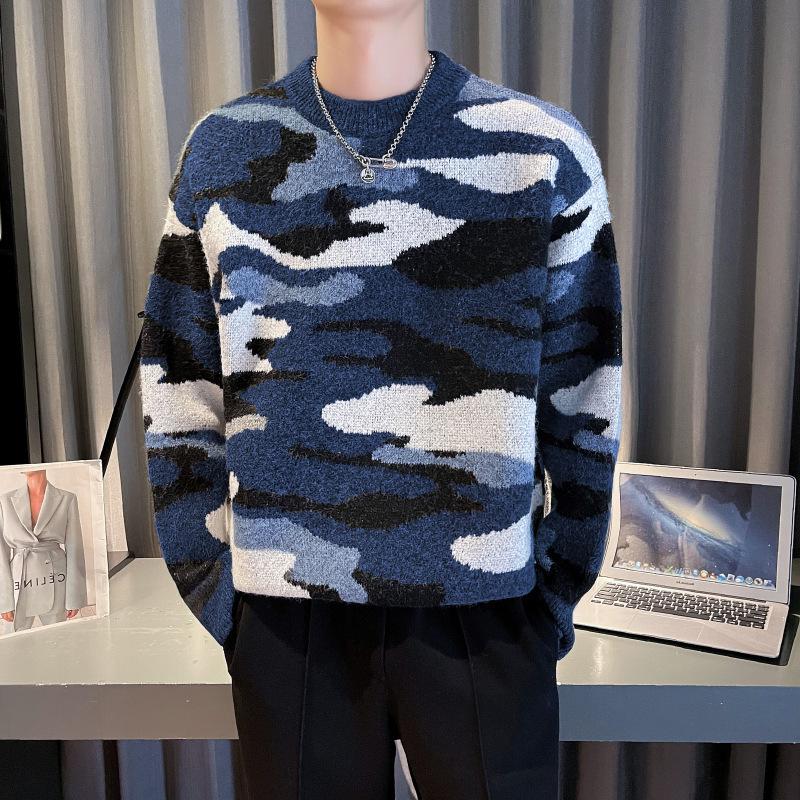 Korean Camouflage Round Neck Sweater: 2025 Autumn/Winter Men's Casual Knitwear Fashion.