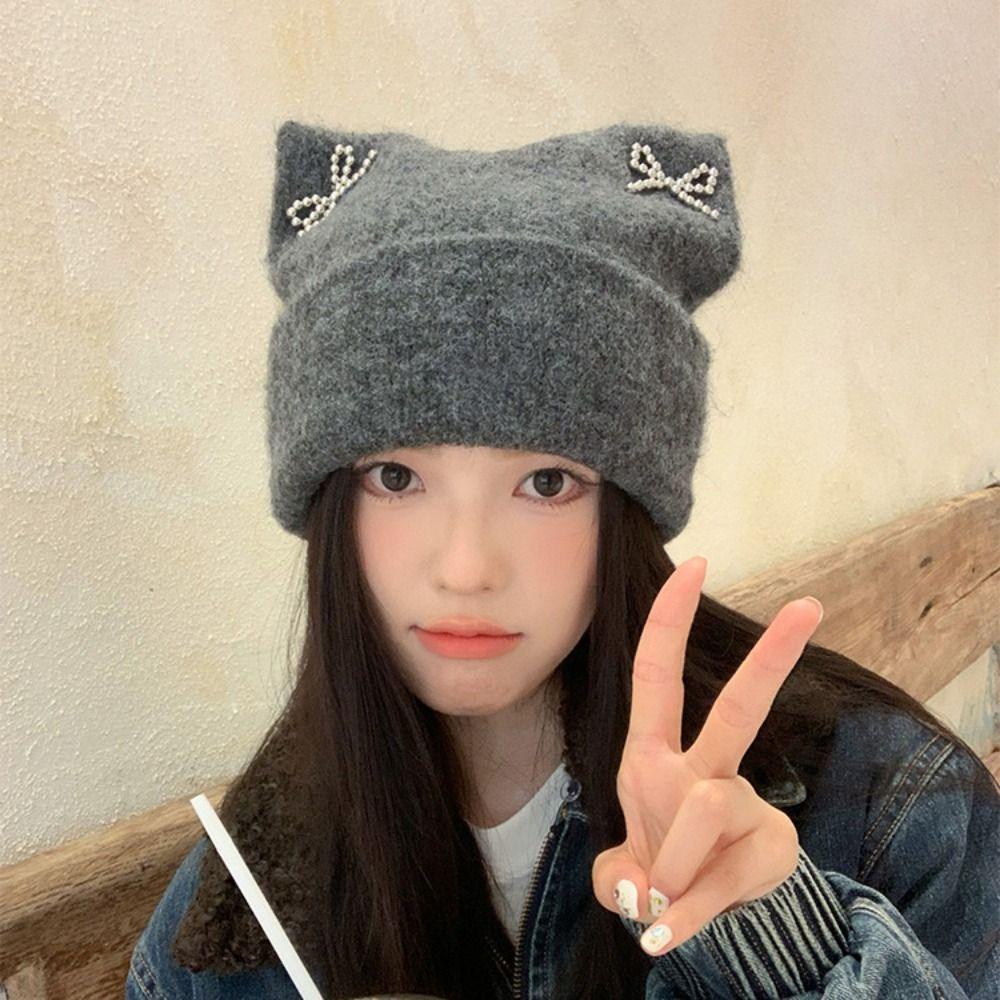 Fluffy Knitted Pullover Hat Sweet Cool Winter Wool Hat Keep Warm Cat Ears Beanie Hat Outdoor