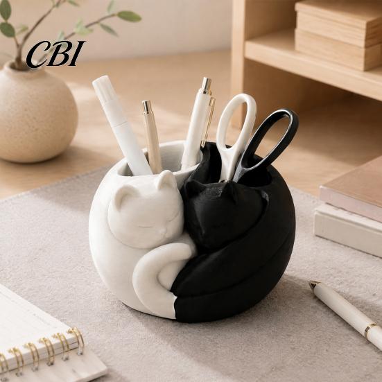 Modern Desk Storage 3D Printed Cat Pen Holder, Cute Sleeping Kitty Stationery Organizer, 2-in-1 Office Accessories for Makeup Brushes Desktop