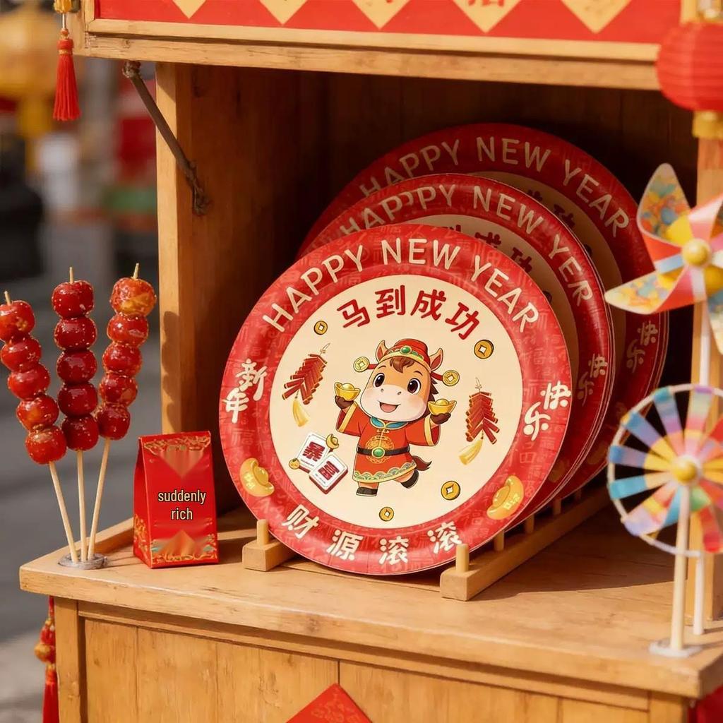 Festive Year of the Horse Disposable Plates - Thickened, Durable for New Year Gatherings & Spring Festival Picnics.