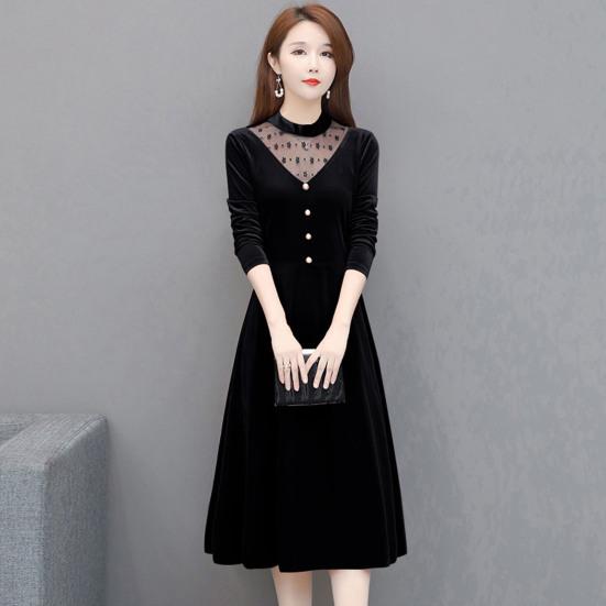 Офисное женское элегантное бархатное платье с круглым вырезом, ажурное сетчатое платье трапециевидной формы с длинными рукавами, декором на пуговицах, свободное платье миди с подолом