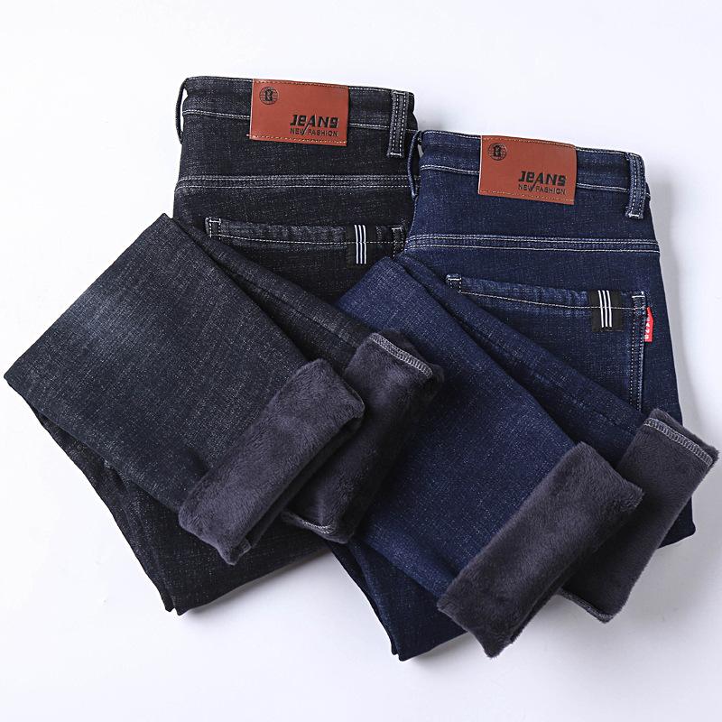 Осенне-зимние утепленные эластичные джинсы мужские Узкие прямые теплые джинсовые брюки мужские брюки tide