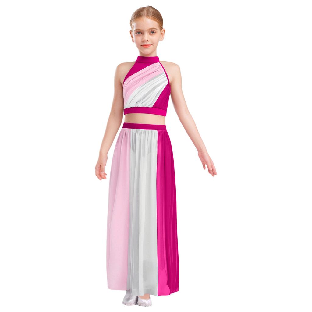 Костюм для лирического танца для девочек, кроп-топ без рукавов с цветными блоками, сборкой спереди и вырезом-капелькой сзади, летящая шифоновая юбка