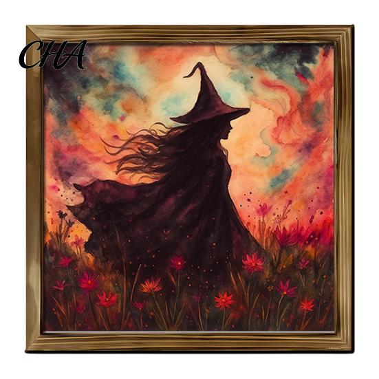 Spooky Fireplace Shelf Accents Halloween Ghost/Witch/Skeleton Decorative Painting, Wall Mount Square Wood Frame Wooden Decor Picture for Home Tabletop