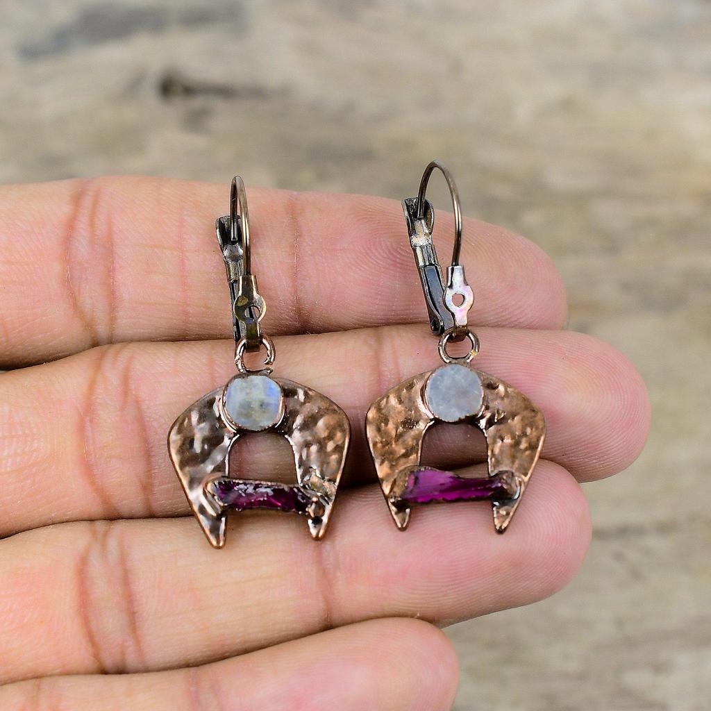 Rainbow Moonstone Rough Earring Electroformed Copper Earring Pink Tourmaline Rough Gemstone Earrings Handmade Electroformed Jewelry For Gift