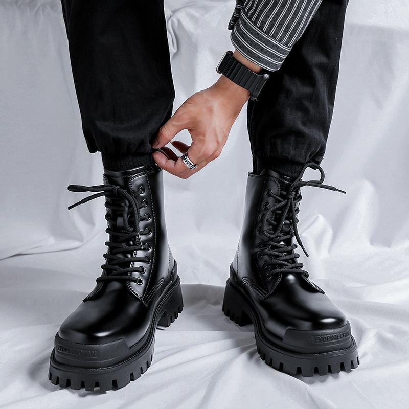Winter Black High Top Men Mid Top Boots Lace Up Leisure All-match Men's Casual Boots Non-slip Trend Rubber Mens Thick Sole Boots