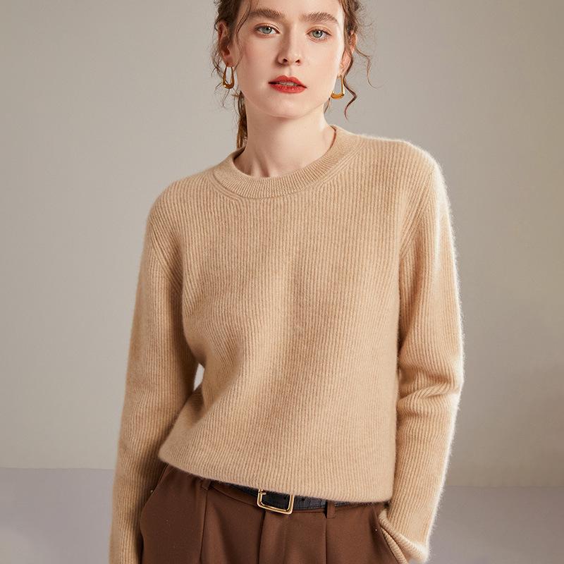 Women's 100% Pure Cashmere Rib Knit Round Neck Sweater - Solid Color Autumn/Winter Base Layer