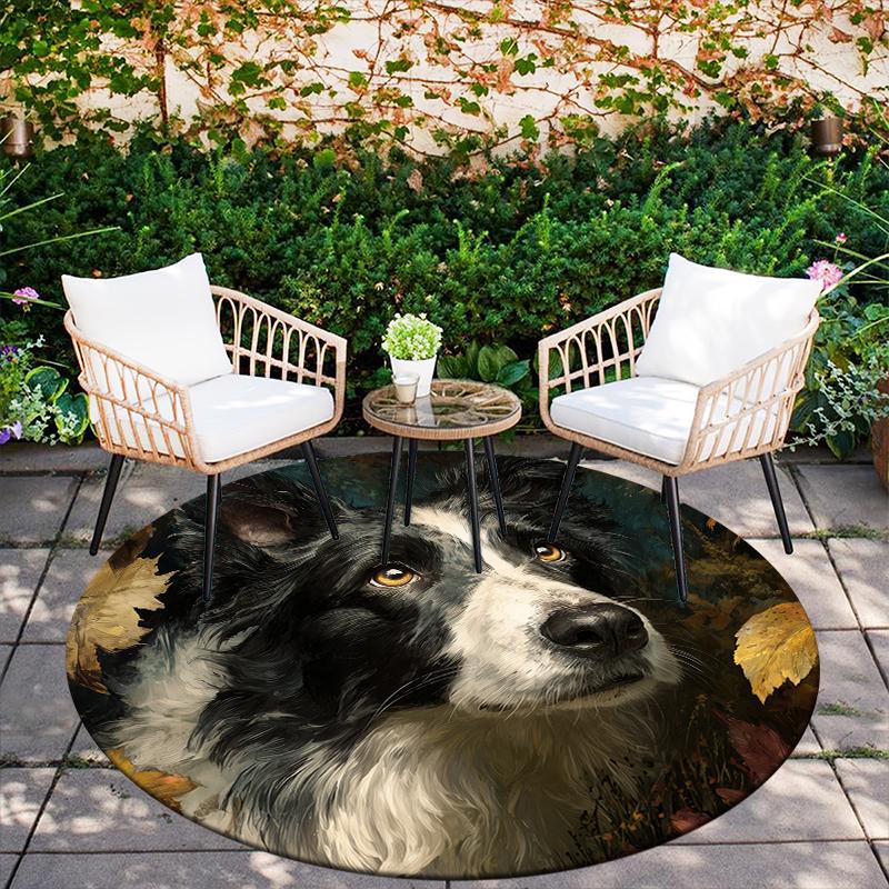 Border Collie and Plants pattern round rug,Carpet Rug for Living Room Bedroom Playroom ,Non-slip Floor Mat,Holiday Gifts and Birthday Gifts.