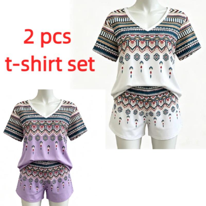 Summer Fashion Ethnic Geometric Patterns Printed V Neck Short Sleeved T-Shirt And Shorts Set Women's and Men's T-shirt Shorts Set