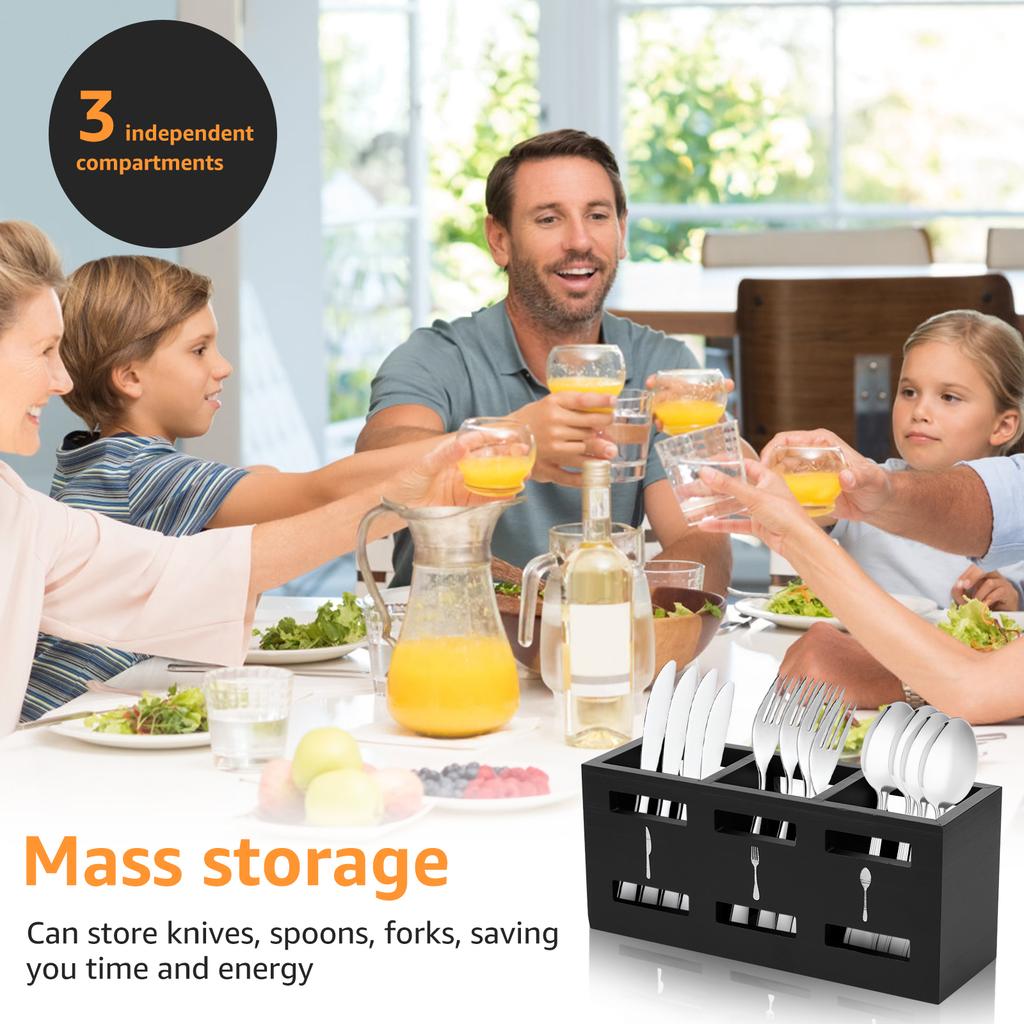 Silverware Caddy Wood Utensil Caddy with 3 Compartments Large Capacity Kitchen Flatware Utensil Holder for Forks Spoons Cutters