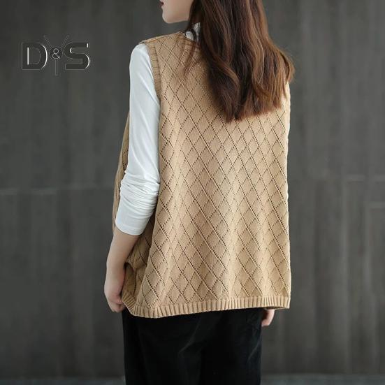 Весна Осень Женский Жилет Вязаный Свитер Ретро V-образный Вырез Свободный Без Рукавов Однотонный Пуловер Ажурный Ромбовидный Текстурный Топ Повседневная Одежда