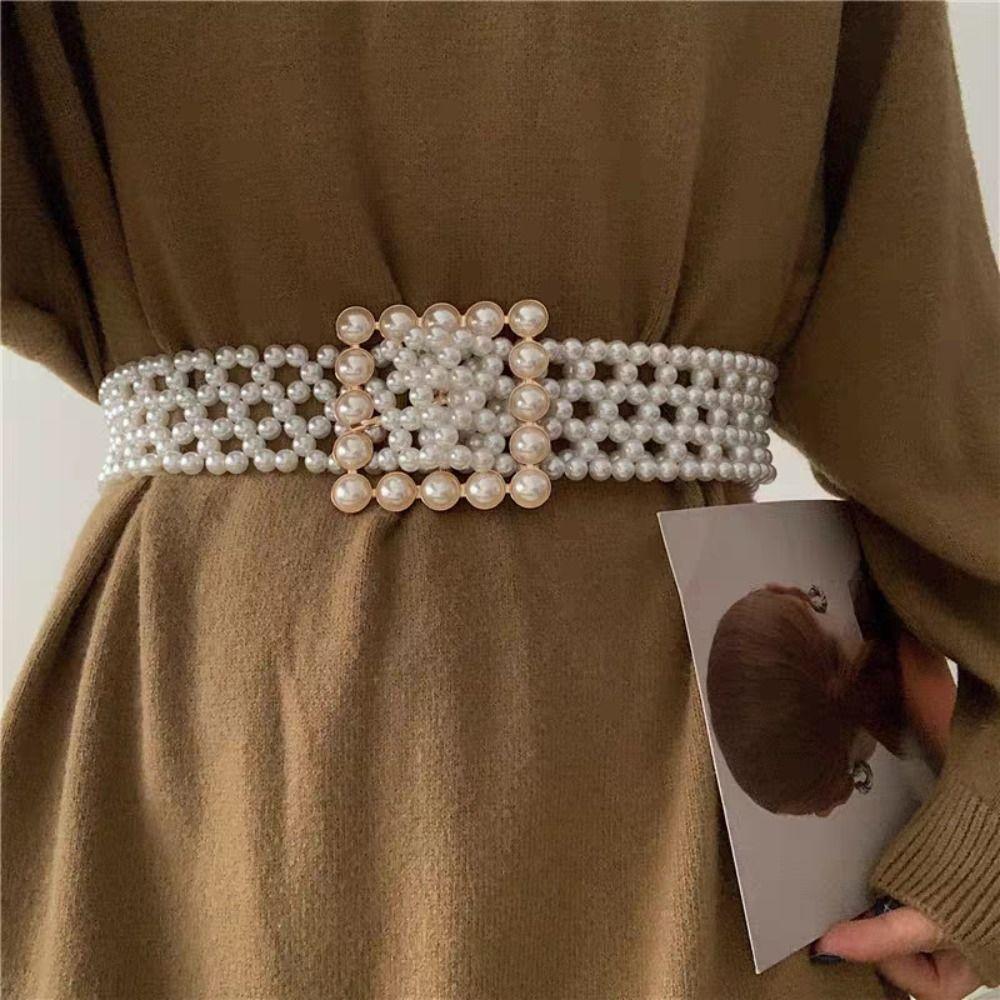 Buckle Coat Belt Elastic Band Beadeds Body Chain Elegant Pearl Waist Belt Women