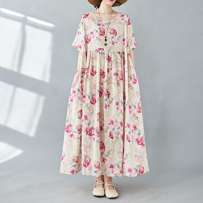 Женское платье больших размеров, новинка 2024 года, летние зеленые платья, свободные платья с круглым вырезом и цветочным принтом, новинка 1045