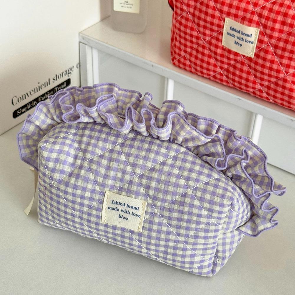 with Zipper Cosmetic Cases Plaid Pattern Toiletry Organizer Sweet Ruffle Makeup Bag Girl
