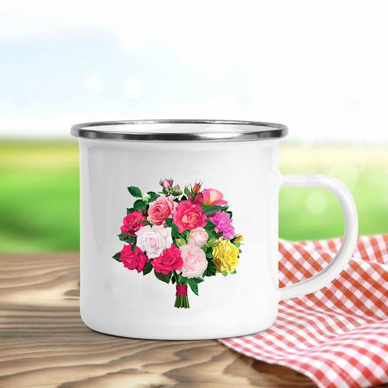 Цветочный принт ретро эмалированные кружки креативные кофейные чашки летние напитки для пикника на свежем воздухе сок молоко походные кружки ручка посуда для питья подарки