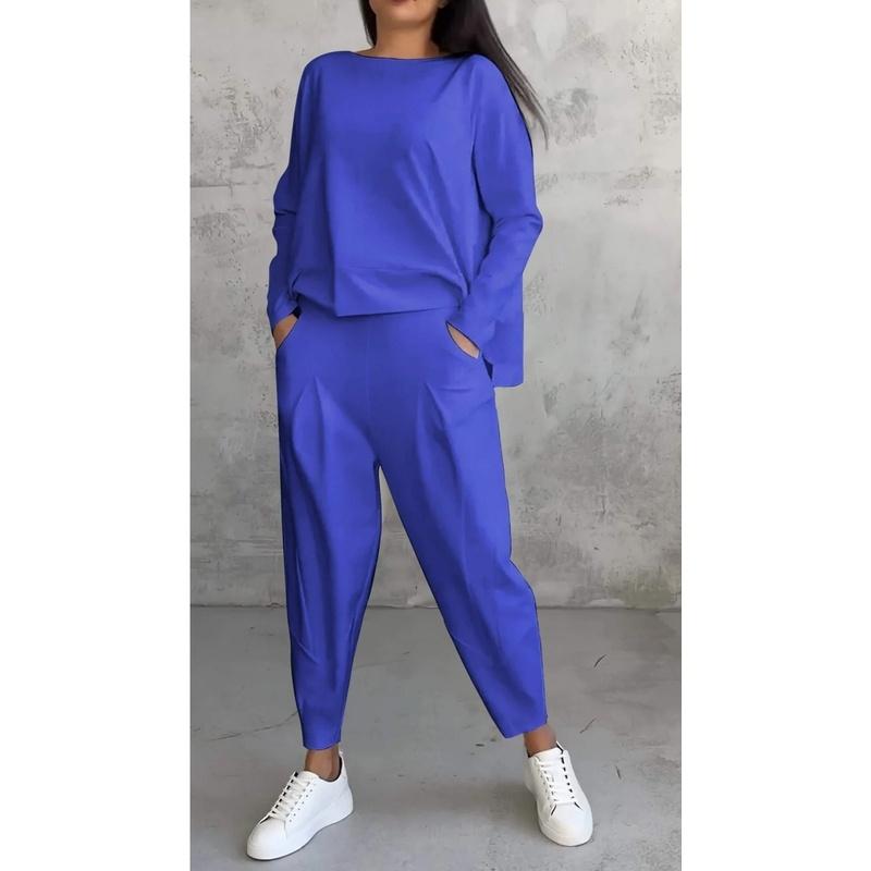 Женский однотонный топ с круглым вырезом и длинным рукавом и гаремные брюки с плиссированным карманом, комплект из 2 предметов для отдыха