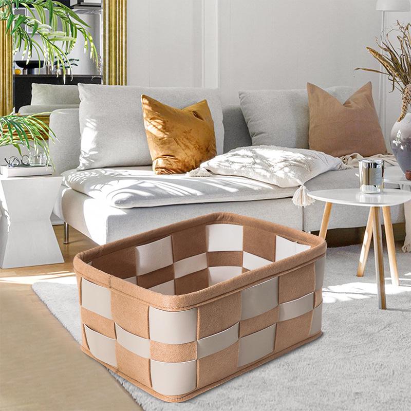 Черно-белая плетеная клетчатая корзина для хранения - Скандинавская кожа и войлочный контейнер для косметики и организации дома