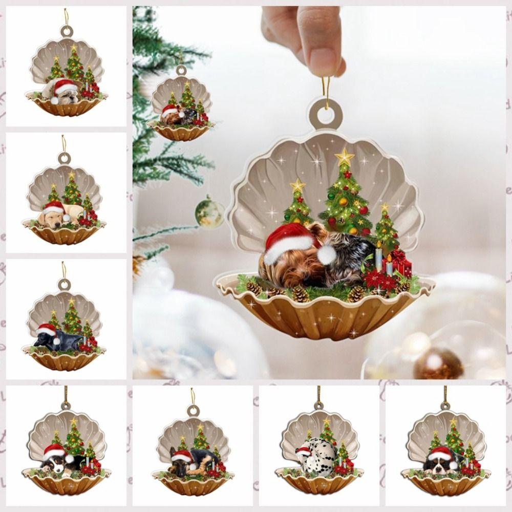 Decorative Shell Sleeping Dog Christmas Ornament 2D Xmas Dog Keychain Christmas