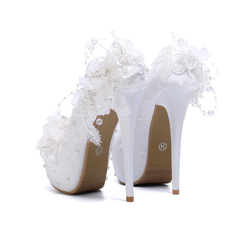 2024 Кружевные Цветочные Жемчужные Модные Тенденции Женские Туфли На Высоком Каблуке Классические Тонкие Каблуки Небольшие Банкетные Свадебные Белые Туфли На Высоком Каблуке
