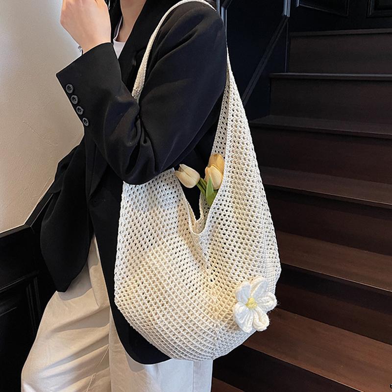 Women's Casual Hollow Out Wicker Woven Ladies Handmade Totes Bag Large Capacity Summer Beach Floral Decor Female's Shoulder Bag