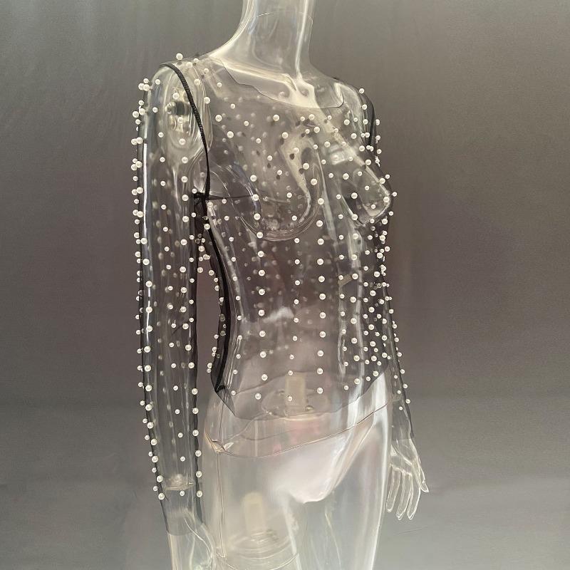 Весенние и летние женские прозрачные сетчатые топы с длинными рукавами и отделкой из бисера