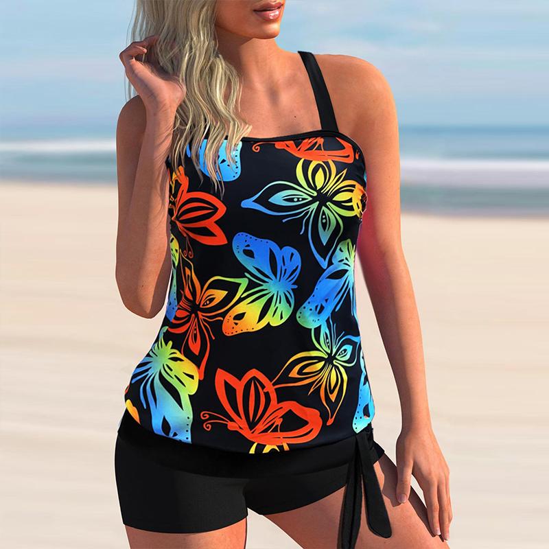 Two Piece Swimwear Swimsuit Padded Tankini Women's Tankini Large Bikini Set Digital Print Adjustable Strap Split Swimsuit