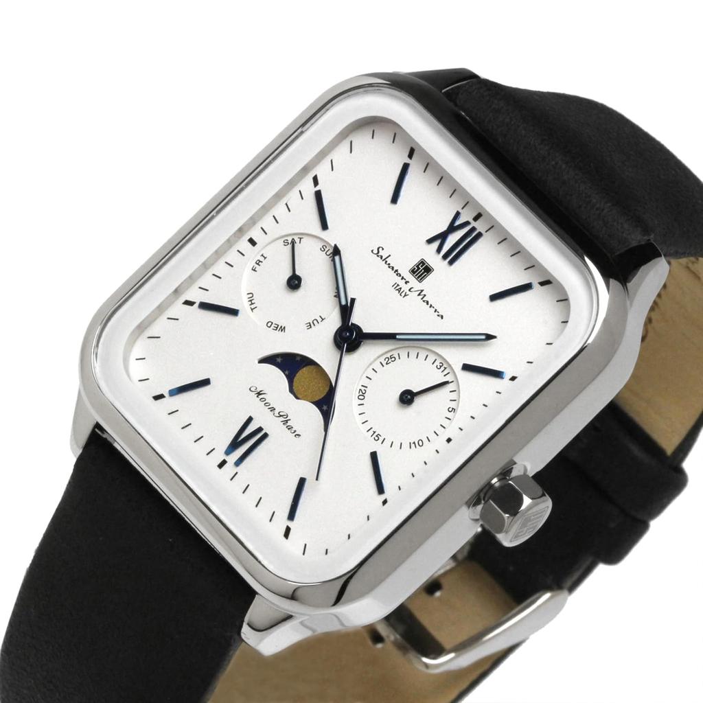 Moon Phase Square Square Multi Calendar Daily Waterproof Business Formal Leather Belt Limited Model Silver White [Salvatore Mara] Men's SM24112-SSWHLE