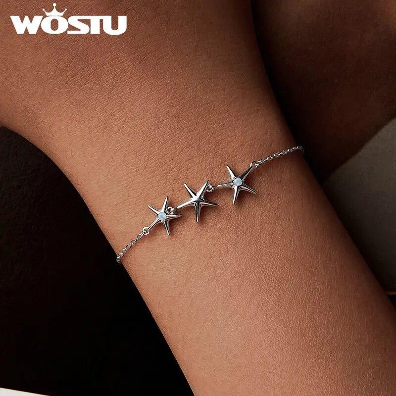 WOSTU 925 Sterling Silver Blue Opal Starfish Chain Bracelet For Women Cute Ocean Animal Adjustable Link Girl Party Birthday Gift