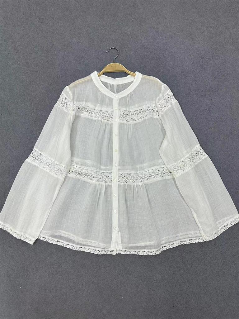 Johnature Японские тонкие кружевные рубашки с длинными рукавами, осенние повседневные простые свободные повседневные топы для женщин