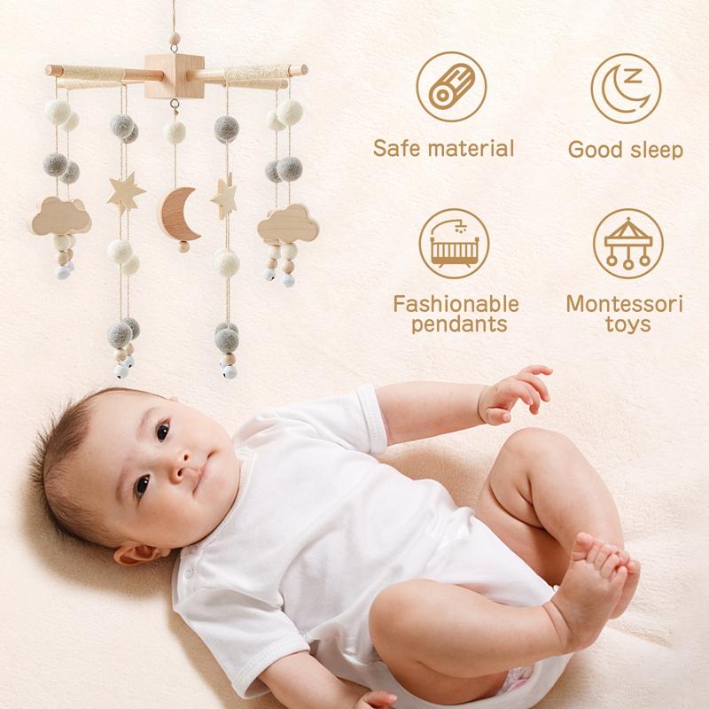 Baby Rattle Crib Mobile Toys 0 -12 Months Star Moon Wooden Bed Bell Musical Box Hairball Nordic Hanging Decor Accessories Gifts