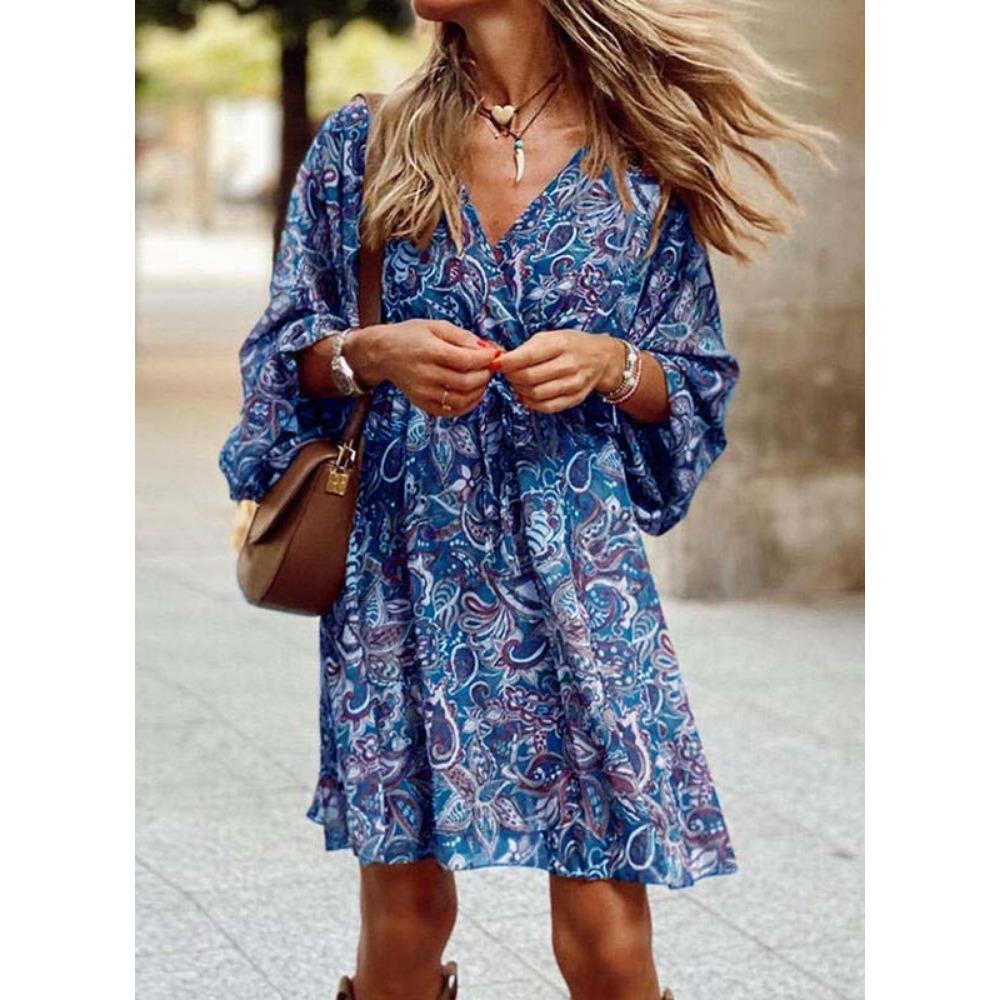 JPNTKY Women's Fashion Autumn Winter Floral Print Long Sleeve V-Neck Casual Dresses