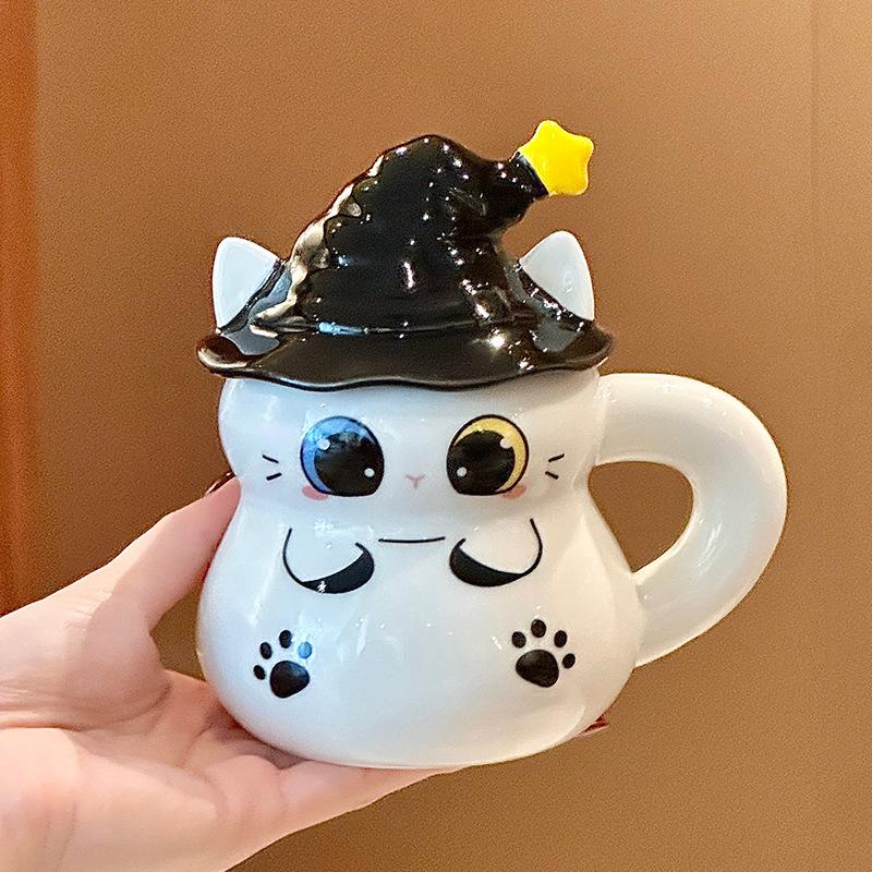 Halloween Magic Hat Cat Water Cup Ceramic Mug with Lid for Girl Girlfriend Birthday Gift Gift Box
