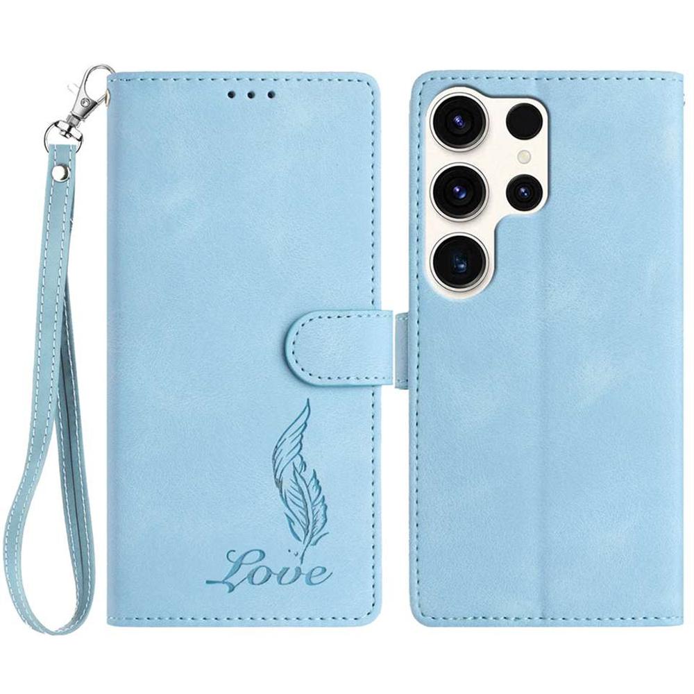 For Samsung Galaxy S25 Ultra Case Imprinted Feather PU Leather Wallet Phone Cover with Wrist Strap