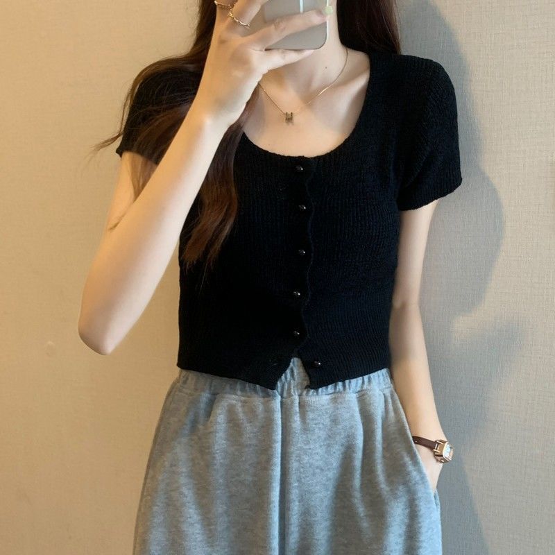 Элегантный и тонкий квадратный вырез, радужная однобортная рубашка, летний свитер с короткими рукавами, футболка с короткими рукавами