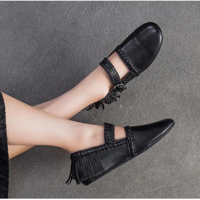 Johnature Натуральная кожа Однотонная Пряжка для ремня Женская обувь Ретро Универсальная Кисточка Круглый носок Мягкая подошва Балетки