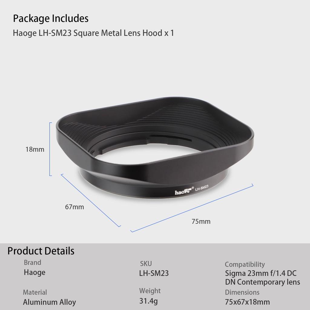 Aoge Байонетная квадратная металлическая бленда для объектива Sigma 23mm DC DN F1.4 LH-SM23