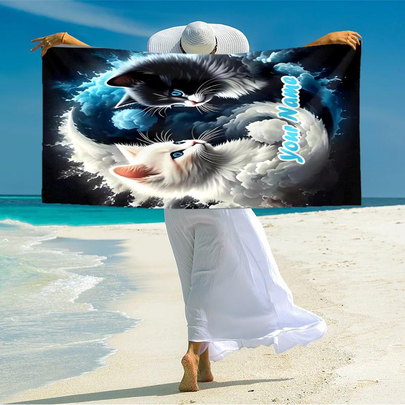 1PC Custom Name Cats Clouds" Beach Towel Highly Absorbent And Sand-Resistant Towel for Swimming, Pool, Yoga, And Travel Lightweight