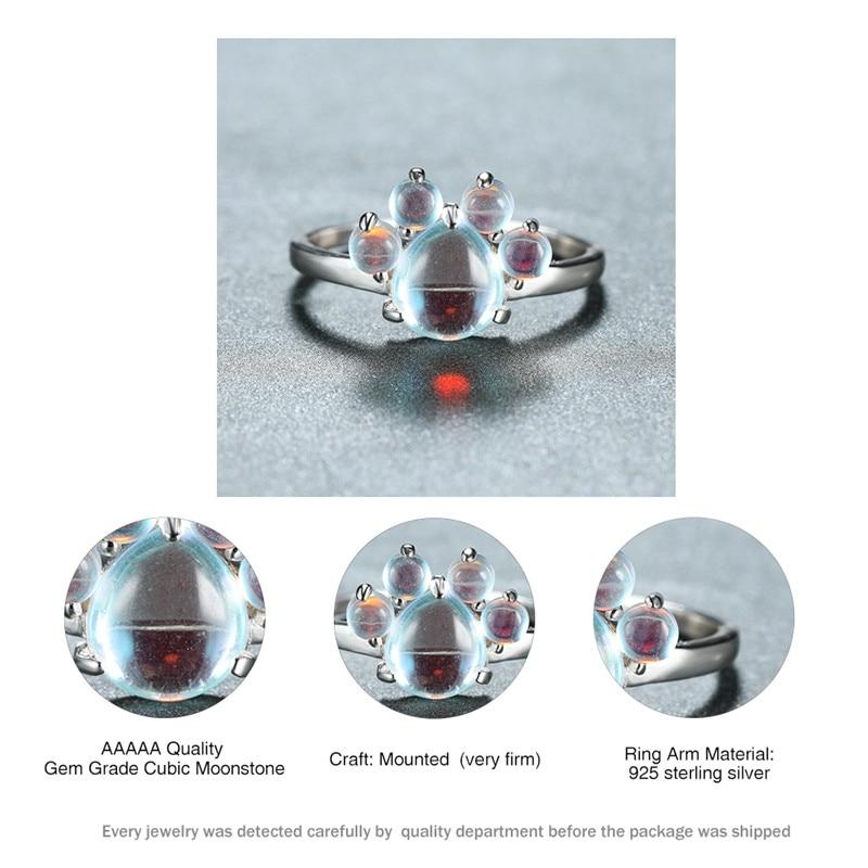 100% Real 925 Sterling Silver Moonstone Rings For Women Cute Cat Paw Animal Footprint Gemstone Ring Female Unique Dog Claw Rings