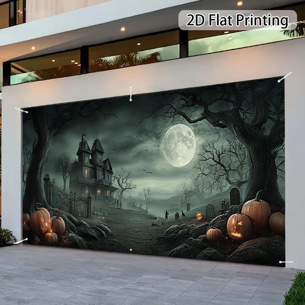 1 piece, Halloween Ghost Night Garage Door Flag, Mysterious Moonlight House and Pumpkin Design, Halloween Decoration