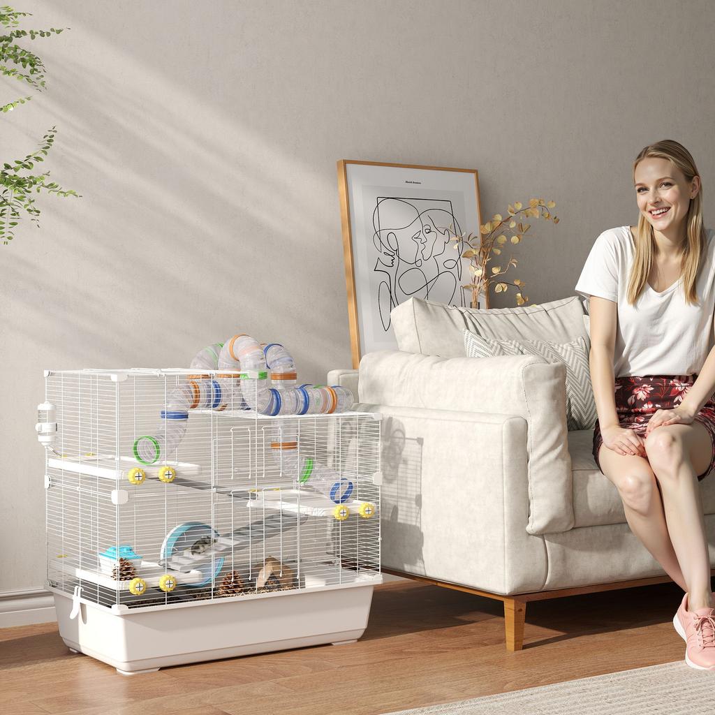 4 Level Hamster Cage With Tubes Wheel 3 Doors And Tray Made Of Metal PP And PS 78x45x73 Cm White