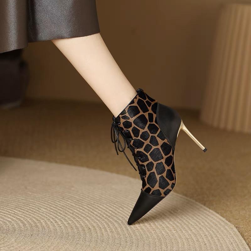 Fashion Pointed Toe Stiletto Ladies High Heels Autumn and Winter Color-blocking Zebra Black Fashion Boots Side Zipper Sexy Women's Boots