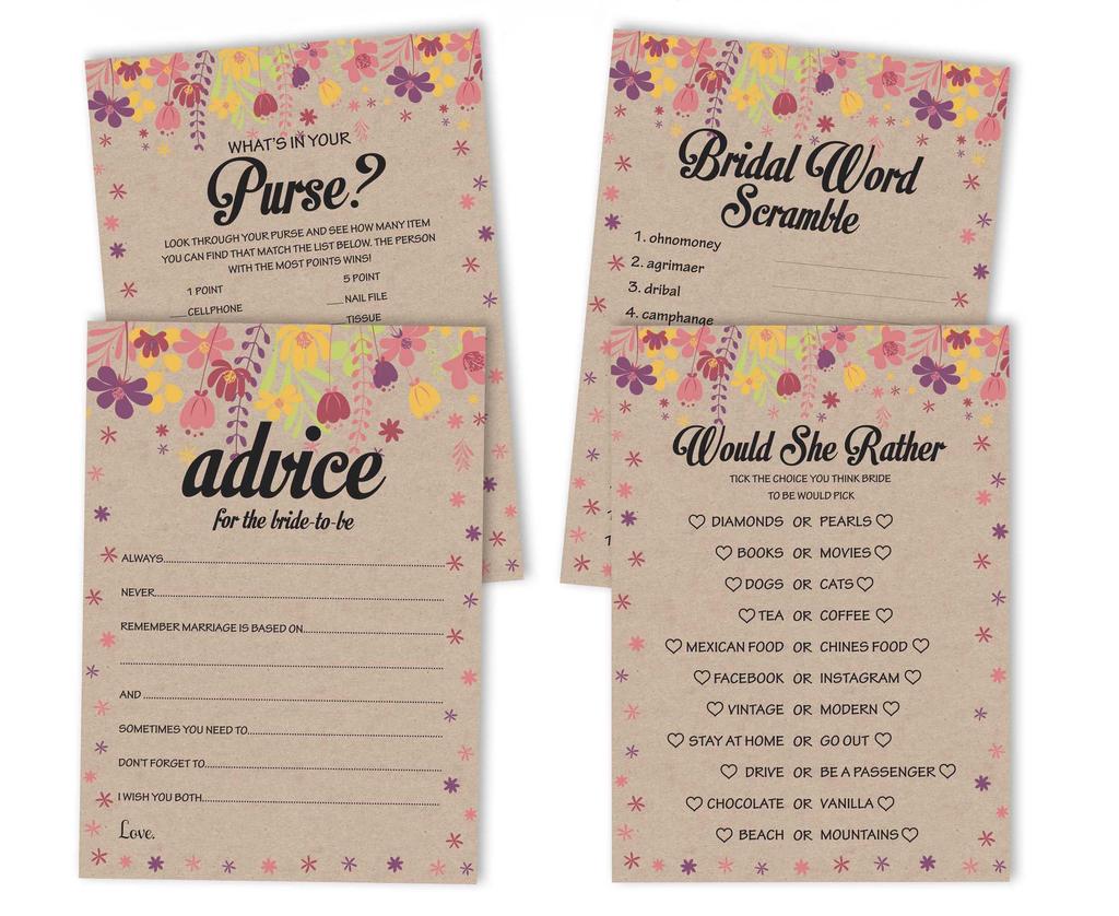 Inkdotpot Bridal Shower Games Set Of 4(50 Sheets Each) W   Miss To Mrs Gold Banner Rustic Kraft Floral Fun Bachelorette Party Games Set