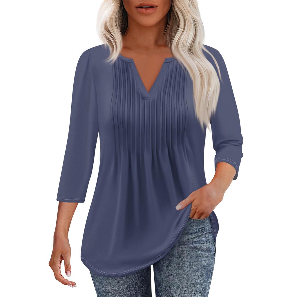 Women's Fashionable Casual Pleated V Neck Solid Color Seven Quarter Sleeve T-shirt Top