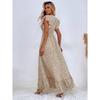 Women's Elegant V-neck Waist Cinched Ruffle Hem Maxi Dress, European American Style Spring Summer Long Dress for Women
