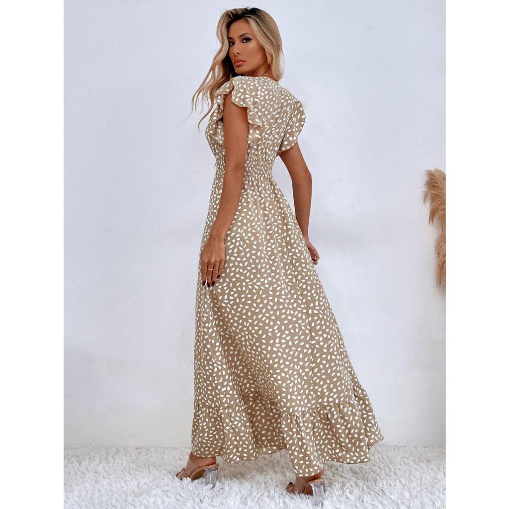 Women's Elegant V-neck Waist Cinched Ruffle Hem Maxi Dress, European American Style Spring Summer Long Dress for Women